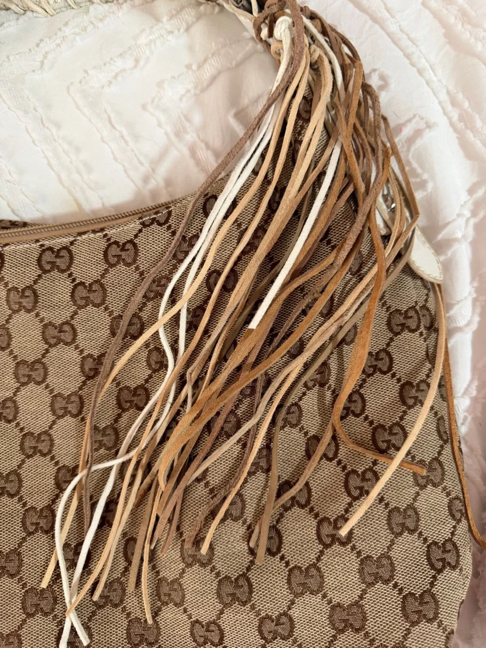 Gucci repurposed Beige Brown GG Monogram Fringe Shoulder Bag